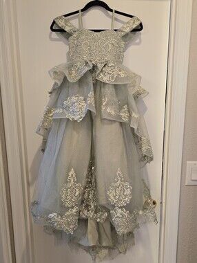 Sage Green Girls Embroidered Tulle Flower Girl Dress